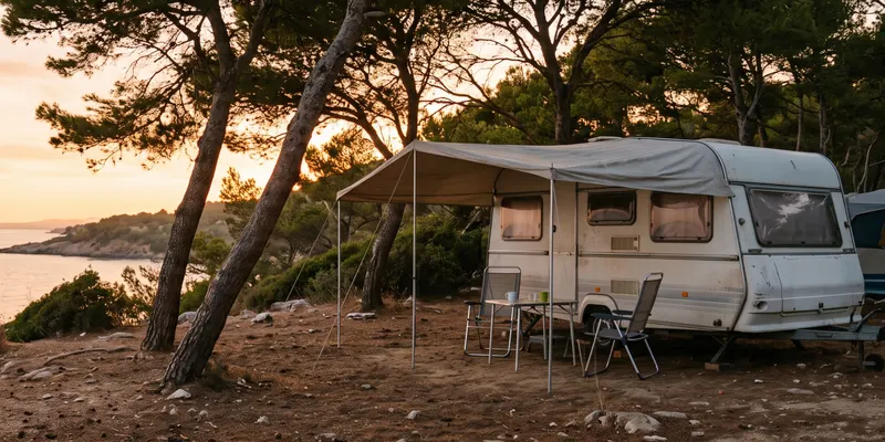 Caravana con el toldo abierto en un camping junto al mar al atardecer